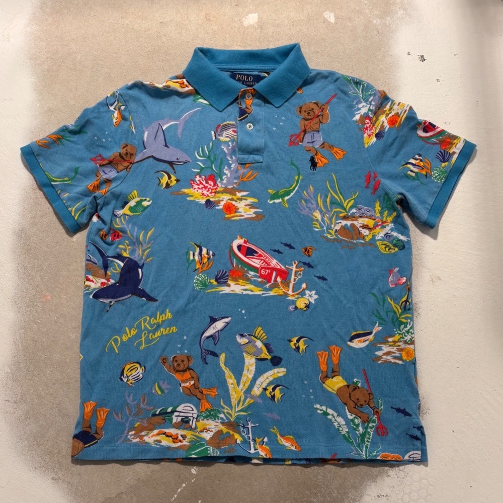Polo Ralph Lauren Scuba Polo Bear Shirt Mens Medium Blue Underwater Shark Print